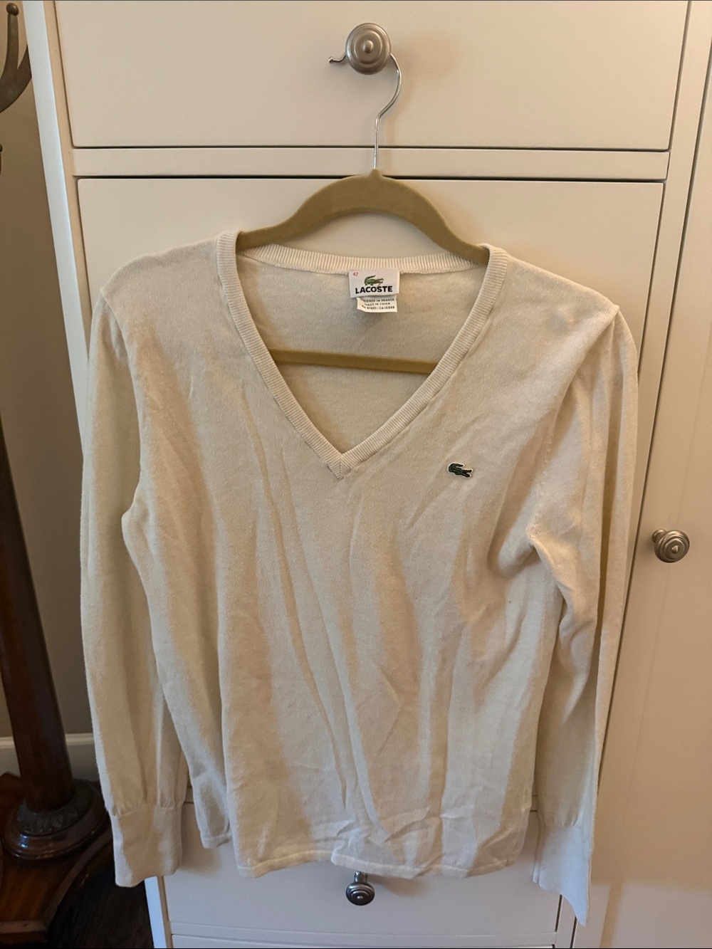 Lacoste Women's V-Neck Cream Knit Sweater with Green Crocodile Logo